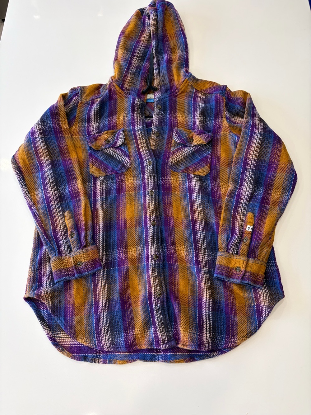 Kavu “Jess” Hooded Button-Up Shirt Jacket in Mustard & Purple